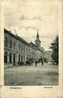 Beregszász, Berehove; Kálvin tér, Engel Jenő könyvnyomdája, Klein Vilmos bútorraktára / square, printing house, furniture shop (EM)