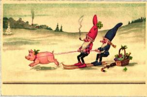 Skiing dwarves, pig, pipe, clovers, litho