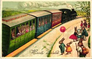 Easter, Rabbit families, train, litho