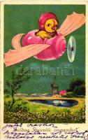 Easter, chicken pilot, egg aeroplane, 7303. litho