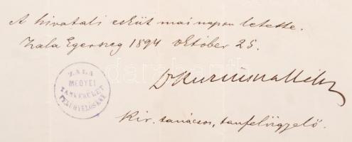 1894 Eötvös Loránd(1848-1919) vallás- és közoktatásügyi miniszter aláírása segédtanári kinevezési ok...