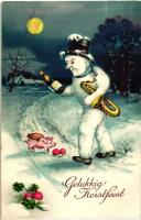 New Year, snowman, trumpet, pig, mushrooms, H.W.B. Ser. 2865. litho