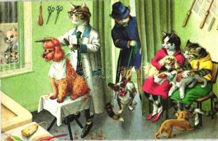 Cats, hairdresser; Arthur Thiele style post-1945 art postcard