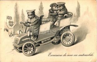 Excursion de noce en automobile / Cats in automobile, Emb. litho (EK)