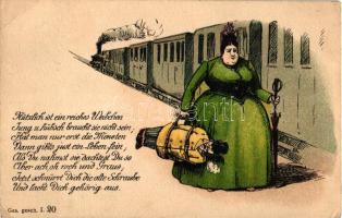 Train, Lady with man luggage, humour, Ges. gesch. I. 20. litho (fa)