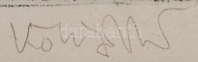 Kőnig Róbert (1951- ):Hubertus Szent Tamás. Rézkarc, papír, jelzett, üvegezett keretben, 9×12 cm