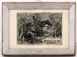 Kőnig Róbert (1951- ):Hubertus Szent Tamás. Rézkarc, papír, jelzett, üvegezett keretben, 9×12 cm