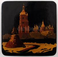 Lakk fa doboz Kiev főterével,kézzel festett, jó állapotban, 12,5×12,5 cm, fa cigarettás doboz, 11×10...