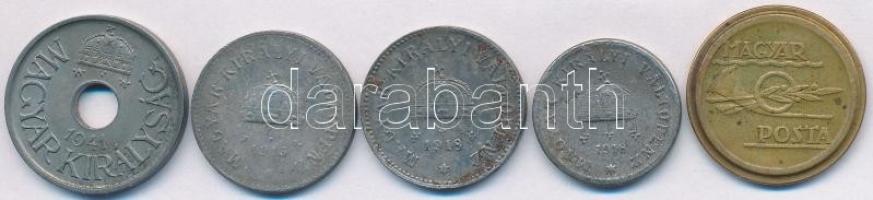 1915. 10f Fe + 1918. 2f Fe + 10f Fe + 1941. 20f Fe + "Magyar Posta / Telonérme" Cu tantusz...