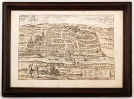 1575 Blois városának látképe, rézmetszet, papír, Georg Braun (1541-1622) és Frans Hogenberg (1535-1590) Civitates orbis terrarum című munkájának 1575. évi kiadásából (II. köt. 14. sz.), hátulján a város történetének rövid ismertetőjével, üvegezett fa keretben, a hátsó üveglapon repedéssel, 31×44 cm /  1575 The view of the city of Blois, copper etching, on paper, from the Civitates orbis terrarum (Vol. II., No. 14.) of Georg Braun (1541-1622) and Frans Hogenberg (1535-1590), published in 1575, with a short summary of the history of Blois on its back, in glassed wooden frame, with a crack on the backside glass, 31×44 cm