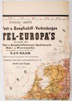 cca 1870 Special-Karte der Eisenbahn- Post- u. Dampfschiff-Verbindungen Mittel-Europa's mit Angabe aller Eisenbahn-, Post- u. Dampfschiffstationen, Speditionsorte, Bäder u. Mineralquellen, herausgegeben von dem Eisenbahntechniker C.J.C. Raab, bearbeitet und ergänzt im kartographischen Institut Verlagshandlung Flemming, Berlin, Gloglau, szakadásokkal, 114x134 cm