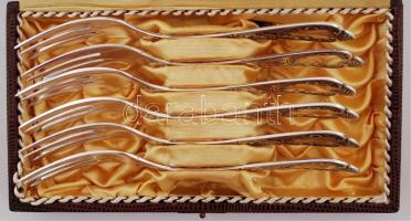 Ezüstözött fém desszertes villa készlet, jelzett (Astra), eredeti dobozában,