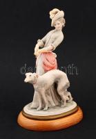 Capodimonte hölgy agárral, kézzel festett, jelzett (Bruno Merli), hibátlan, fa talapzaton, m:20 cm, h:14 cm/ Capodimonte Bruno Merli Art Deco lady with greyhound, signed, perfect condition