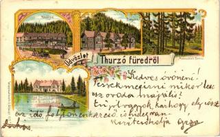 Thurzófüred, Thurzó-ház, vendéglő, bányász üdülő, Marasztaló-forrás; Wlaszlovits Gusztáv kiadása / floral litho