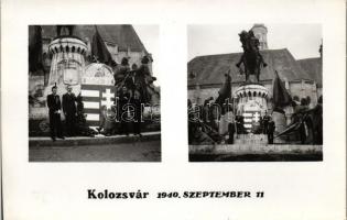 1940 szeptember 11. Kolozsvár, bevonulási emléklap, feldíszített Mátyás király-szobor / entry of the Hungarian troops, King Mathias memorial