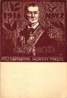 1938 Vitéz Nagybányai Horthy Miklós, Harmos K. eredeti fametszete 'Komárom visszatért' So. Stpl