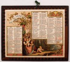 1871 Díszes, kétoldalú német nyelvű, lithográf falinaptár, szép, de kissé hiányos kerettel, 16x13 cm...