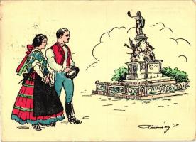 Arad, Vértanú szobor, folklór; Délvidéki Egyetemi és Főiskolai Hallgatók Egyesülete / martyrs statue, So. Stpl s: Tusnády