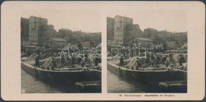 cca 1905 Konstantinápoly, Építési munkák a Boszporusznál (Konstantinopel, Bauarbeiten am Bosporus), sztereófotó, feliratozva, 18x9 cm / cca 1905 Constantinople(Istanbul), stereophoto, 18x9 cm