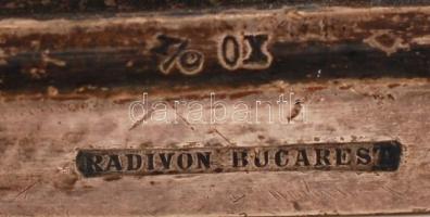 Antik, ekét mintázó fém szobor, "Radivon Bucarest" jelzéssel, 13,5×8×4,5 cm/ Antique plow ...