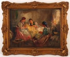 Pándy Lajos (1895-1957): Fátyolszövők. Olaj, farost, jelzett, antik keretben, 36×44 cm