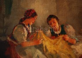 Pándy Lajos (1895-1957): Fátyolszövők. Olaj, farost, jelzett, antik keretben, 36×44 cm