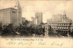 New York City, City hall park, Broadway buildings