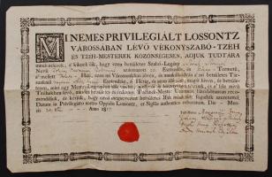 1817 Losonc, a vékonyszabó-céh nyomtatott, magyar nyelvű oklevele céhlegény alkalmazhatóságáról, a céh rányomott viaszpecsétjével, a céhmesterek aláírásaival /  1817 Lučenec/Luzenz, the charter of the guild of tailors concerning the trustworthy employement of an apprentice, with the vax seal of the guild on it and the signatures of the master craftsmen