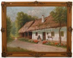 Gebauer Gizella (1877-?): Pihenő a tornácon. Olaj, vászon, jelzett, antik sérült keretben, 60×80 cm