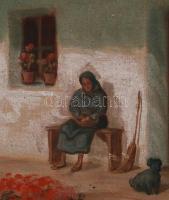 Gebauer Gizella (1877-?): Pihenő a tornácon. Olaj, vászon, jelzett, antik sérült keretben, 60×80 cm