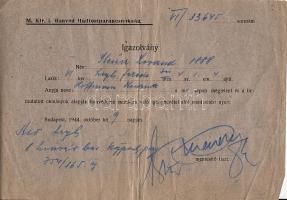 1944 Honvédelmi kötelezettség alól mentesítő okmány zsidó származású személy részére