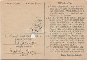 1946. 1.000.000AP nem kamatozó Pénztárjegy "Másra Át Nem Ruházható", "M.Kir.Postataka...