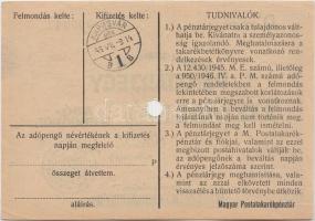 1946. 10.000.000AP nem kamatozó Pénztárjegy "Másra Át Nem Ruházható", "M.Kir.Postatak...