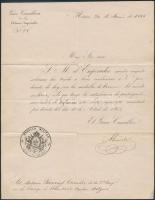 1865 Mexikó, Gieszriegel Antal vadász, a mexikói magyar önkéntes alakulat tagjának bronz vitézségi éremmel való kitüntetéséről szóló okirat, rajta Juan Nepomuceno Almonte(1803-1869) hadügyminiszter, Mexikó egykori kormányzója, tábornagy aláírásával