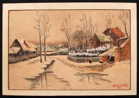 1916 Berezovka, Lengyelország, A fogolytábor, akvarell kép, melyet a fogolytábor egyik magyar lakója készített, paszpartuban, 42x28 cm / 1916 Berezovka, Poland, compound, watercolor painting, 42x28 cm