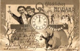 'Glückliches Neujahr' / New Year, watch, pig with lantern litho (small tear)