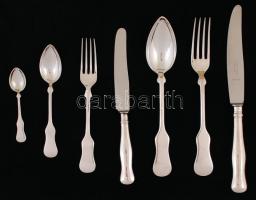 Ezüst (Ag.) 6 személyes evőeszköz készlet, jelzett (Dianás cca 1900), mesterjeggyel, eredeti dobozza...