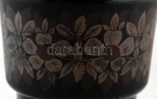 Moser (cca 1920) talpasváza, kézzel festett, maratott, aranyozott lila üveg test, jelzett (Moser), k...