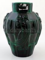 Curt Schlevogt (cca 1920) art-deco váza, malachit üveg, formába öntött, jelzés nélkül, hibátlan, m:2...