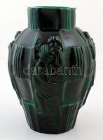 Curt Schlevogt (cca 1920) art-deco váza, malachit üveg, formába öntött, jelzés nélkül, hibátlan, m:2...