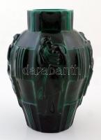 Curt Schlevogt (cca 1920) art-deco váza, malachit üveg, formába öntött, jelzés nélkül, hibátlan, m:2...