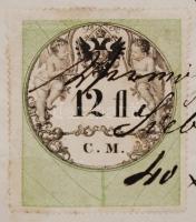1856 12 fl. C. M. okmánybélyeg német nyelvű okmányon(50.000) /

1856 12 fl. C. M. document stamp on ...