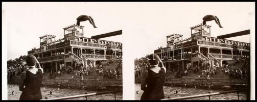 cca 1930 Budapest, 9 db sztereo diapozitív városkép üveglemezen, képméret 5,5x5,5 cm, lemezméret 6x1...