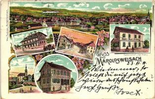 Maroldsweisach, Basaltfabrik, Bahnhof, Hauptstrasse, Gastwirtschaft von Karl Anding, Kaufhaus von Aron Hecht, Kirche / Basalt factory, railway station, main street, restaurant, department store, church, Art Nouveau, floral, litho (EB)