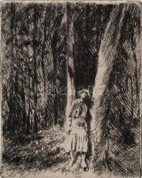 Aszódi Weil Erzsébet (1901-1976): Lány a fánál. Rézkarc, papír, jelzett, paszpartuban, 13×10 cm