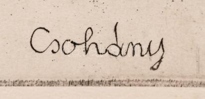 Csohány Kálmán(1925-1980): Táj fákkal. rézkarc, papír, jelzett, paszpartuban, 11×14 cm