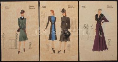 1940 Les Croquis du Grand Chic, kézzel színezett, pausz papír, 13db, 34x22cm