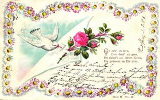 Bird, letter, rose, flowers, litho (cut)