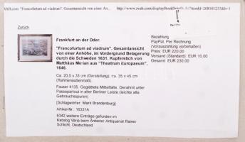 1646 Francofurtum ad Viadrum, az Odera-menti Frankfurt madártávlati látképe, rézmetszet, papír, id. ...