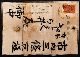 cca 1930 Szövetből készült, begombolható üdvözlőlap-tartó erszény, rajta japán vagy kínai nyelvű fel...